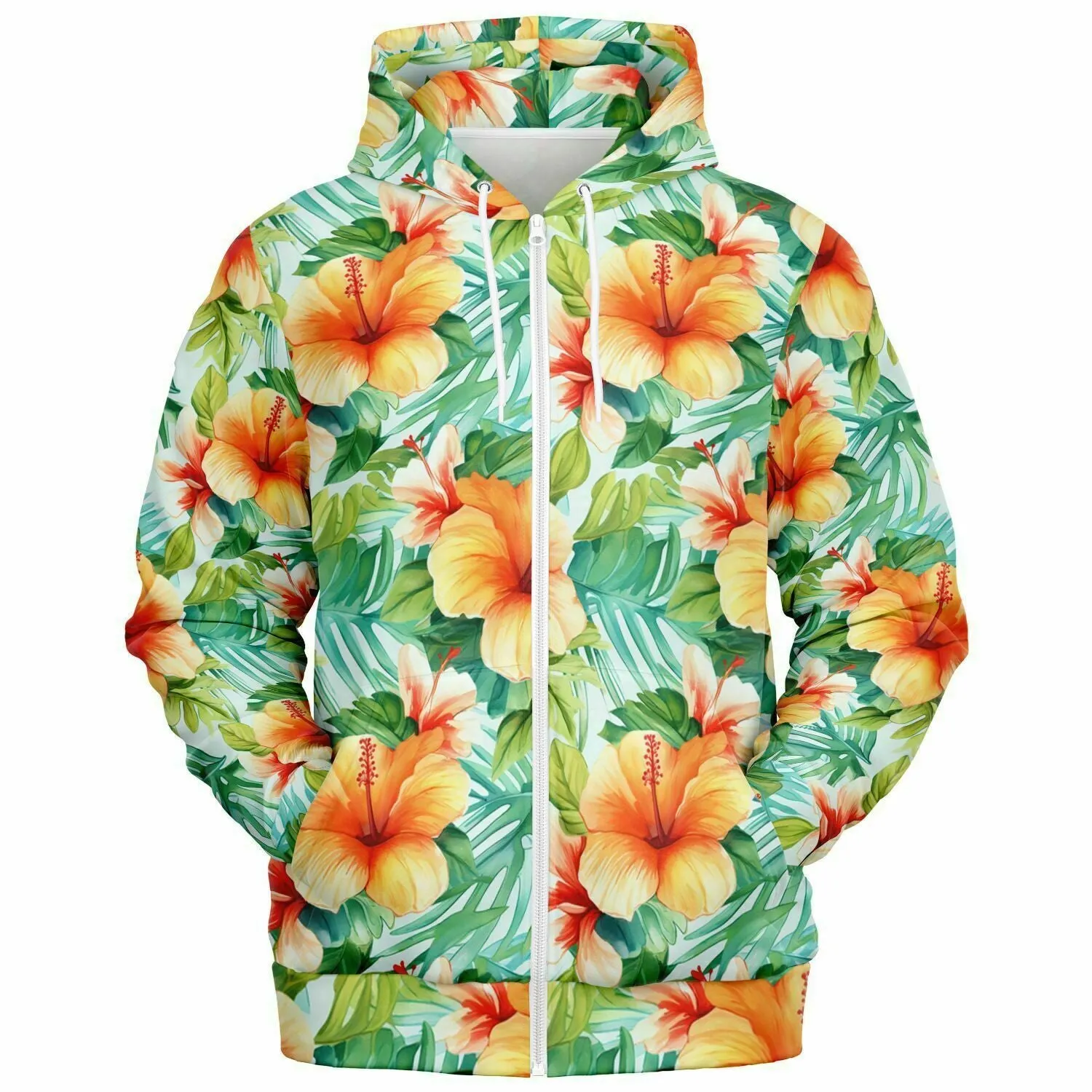 Flowers Zip Up Hoodie, Tropical Floral Green Front Zipper Pocket Men Women Unisex Adult Aesthetic Graphic Cotton Fleece Hooded Sweatshirt
