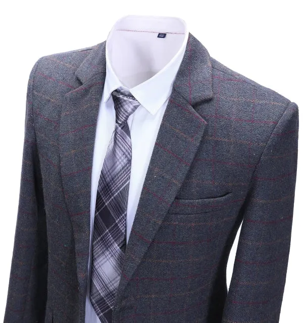 Formal Men's Dark Grey Plaid Notch Lapel Blazer