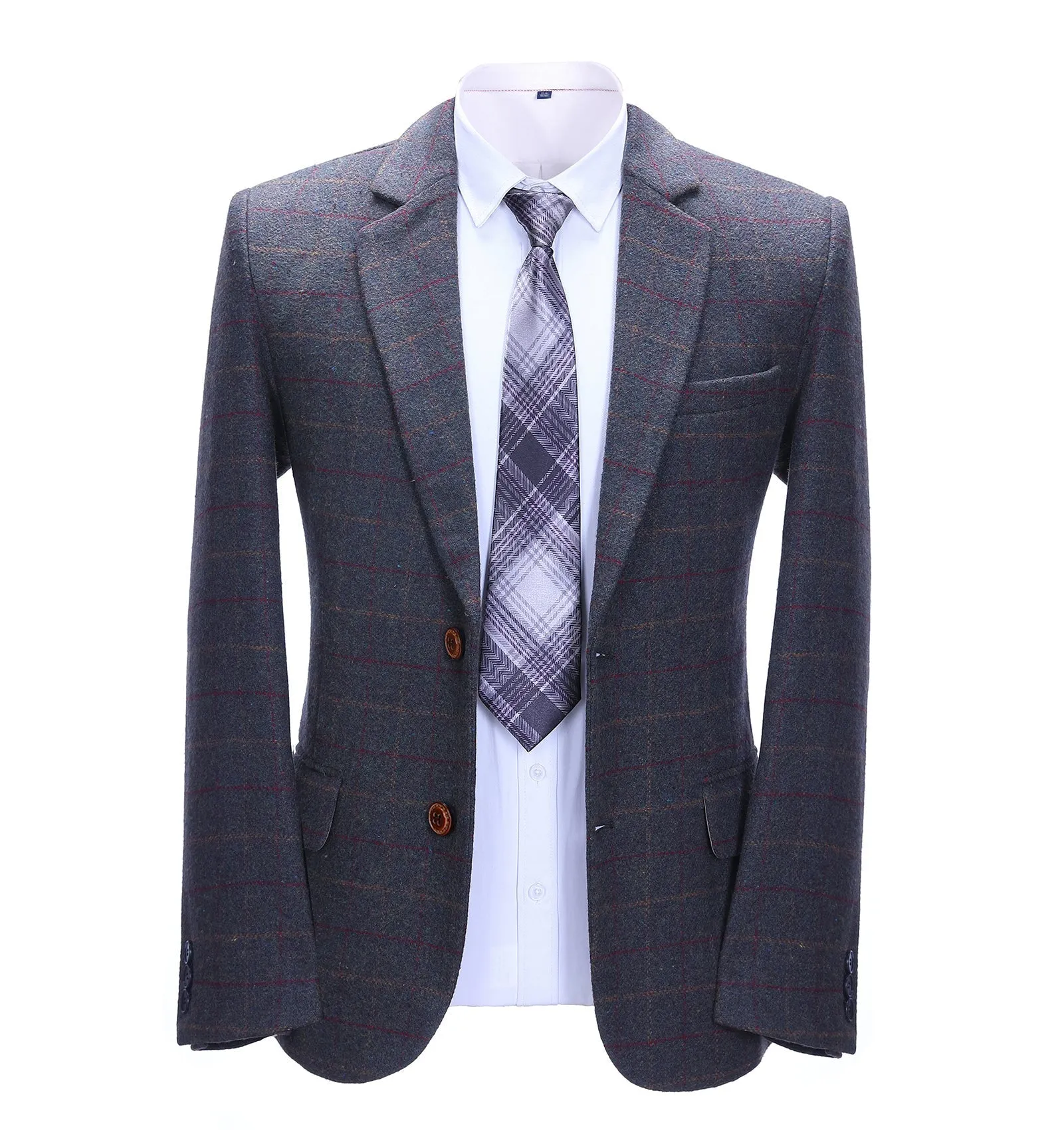 Formal Men's Dark Grey Plaid Notch Lapel Blazer
