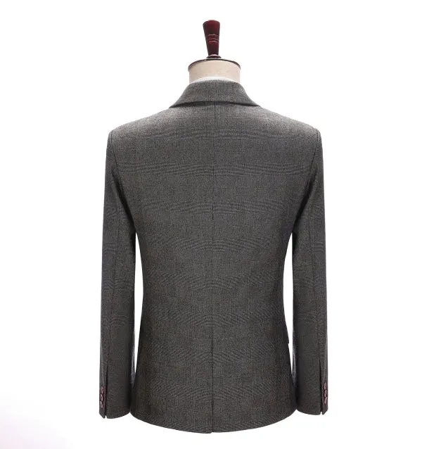 Formal Men's Grey Notch Lapel Blazer Business Plaid Jacket