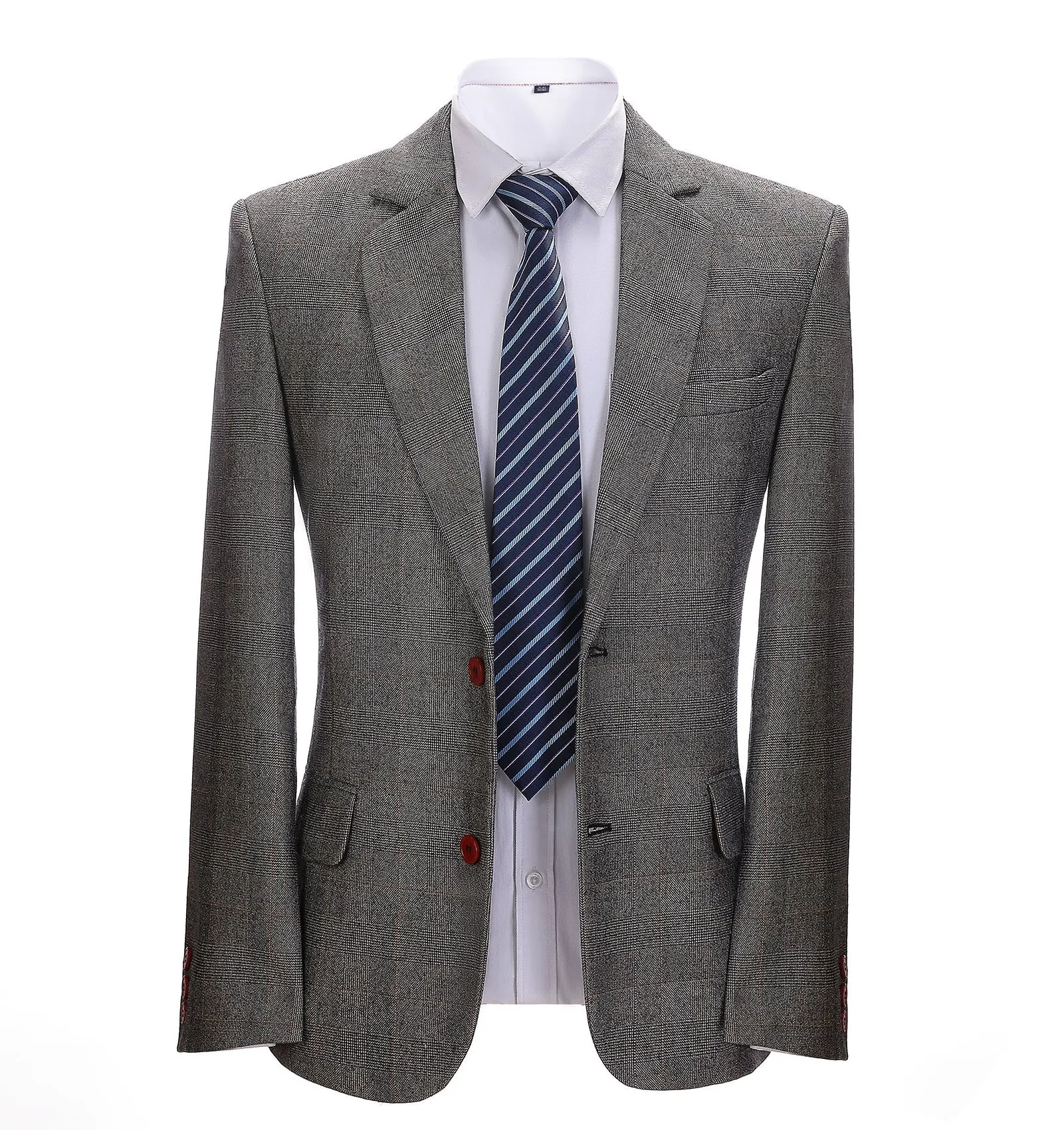 Formal Men's Grey Notch Lapel Blazer Business Plaid Jacket