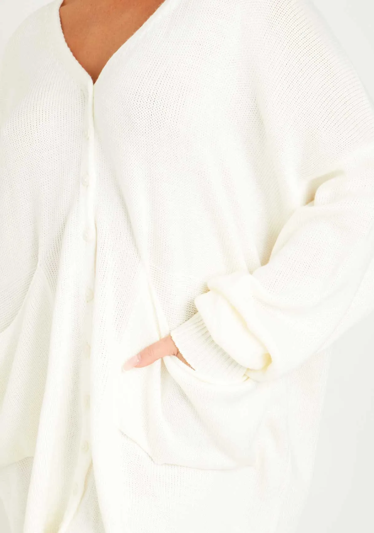 Freya Cream Knitted Oversized Button Through V-Neck Cardigan Dress