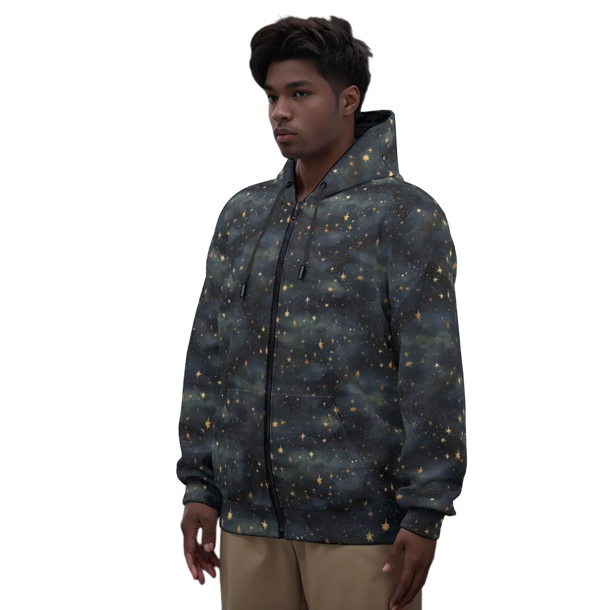 Galaxy Gold Stars Zip Up Hoodie, Constellation Universe Front Zipper Pocket Men Women Unisex Aesthetic Cotton Fleece Hooded Sweatshirt