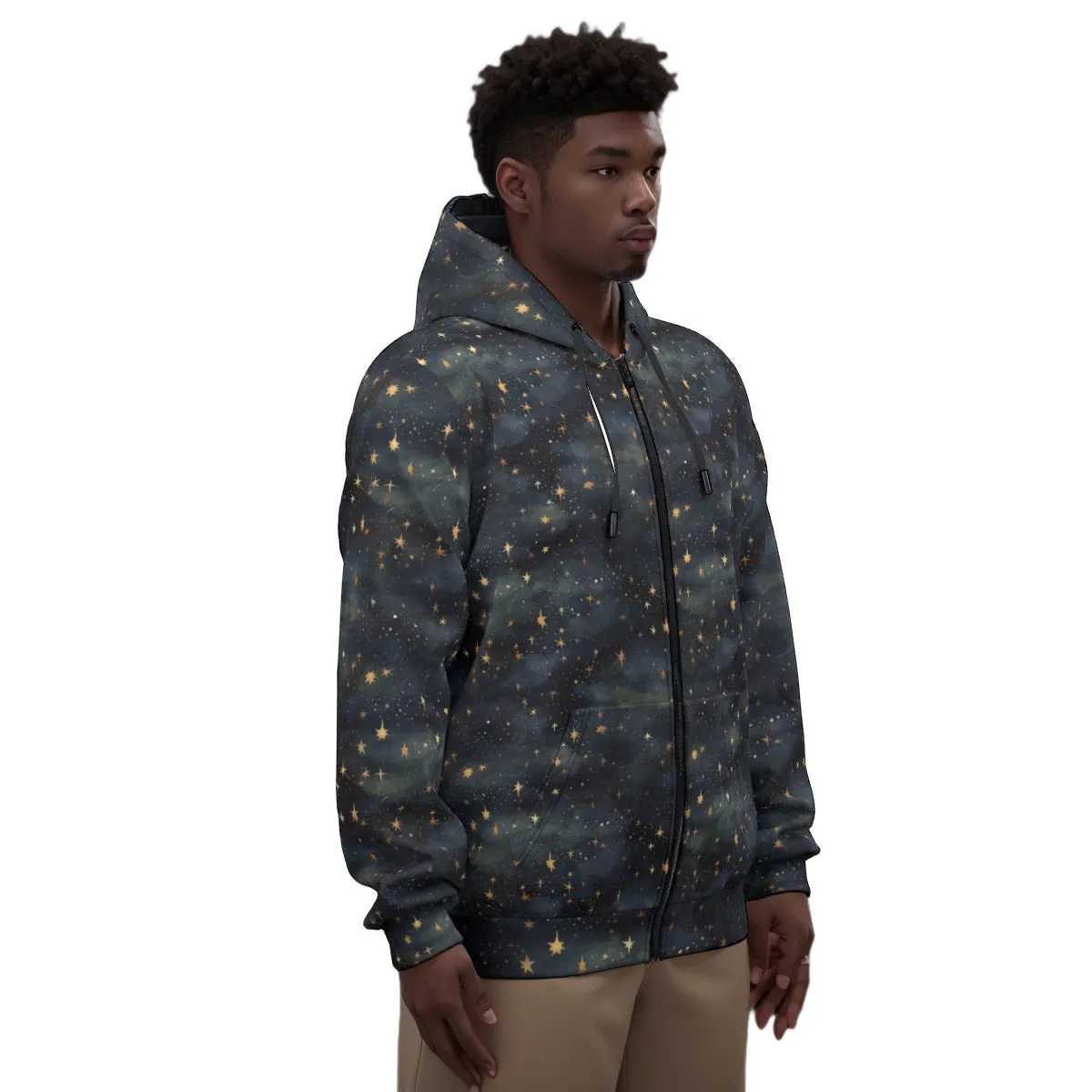 Galaxy Gold Stars Zip Up Hoodie, Constellation Universe Front Zipper Pocket Men Women Unisex Aesthetic Cotton Fleece Hooded Sweatshirt