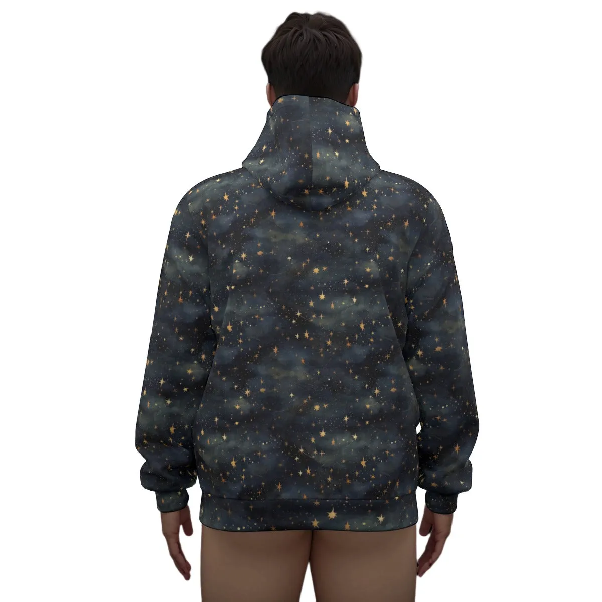 Galaxy Gold Stars Zip Up Hoodie, Constellation Universe Front Zipper Pocket Men Women Unisex Aesthetic Cotton Fleece Hooded Sweatshirt