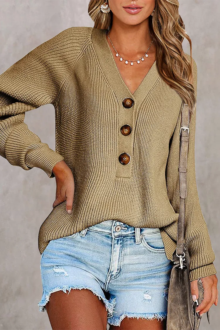 Half Button Raglan Sleeve V Neck Sweater