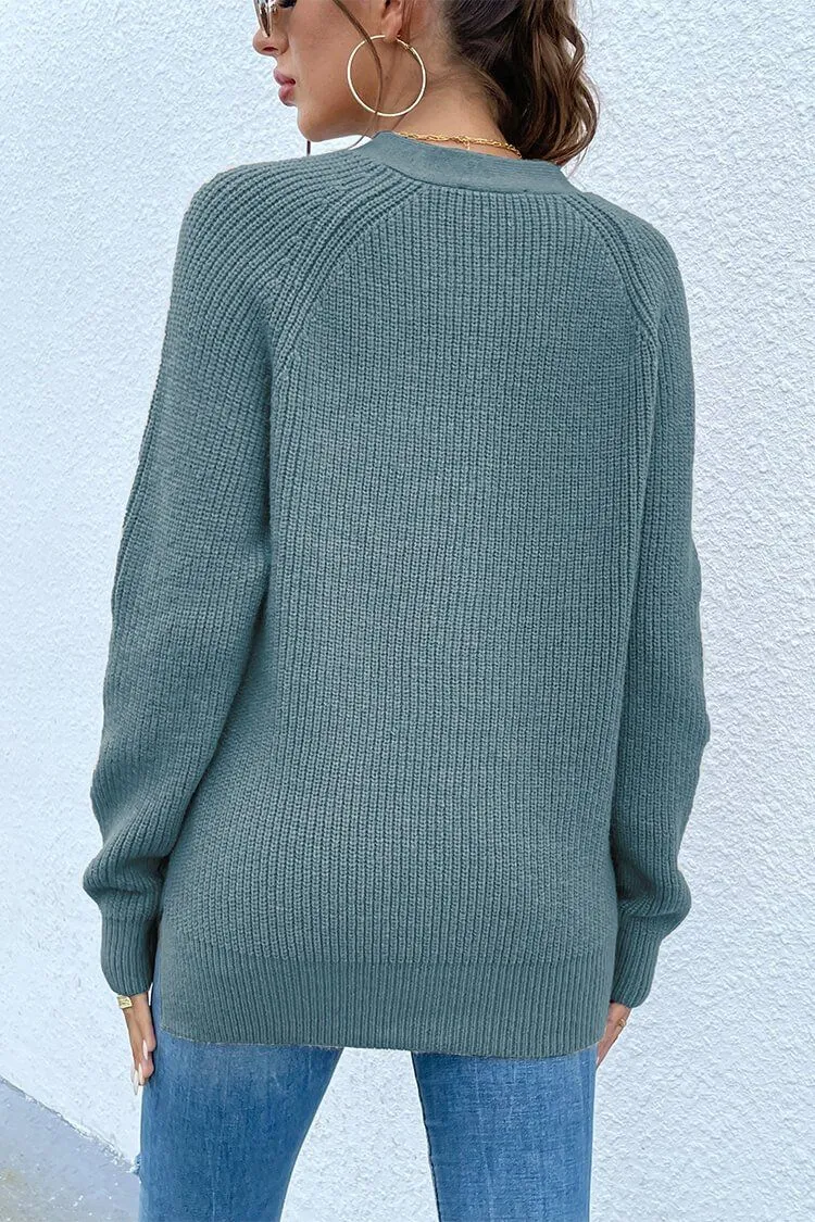 Half Button Raglan Sleeve V Neck Sweater