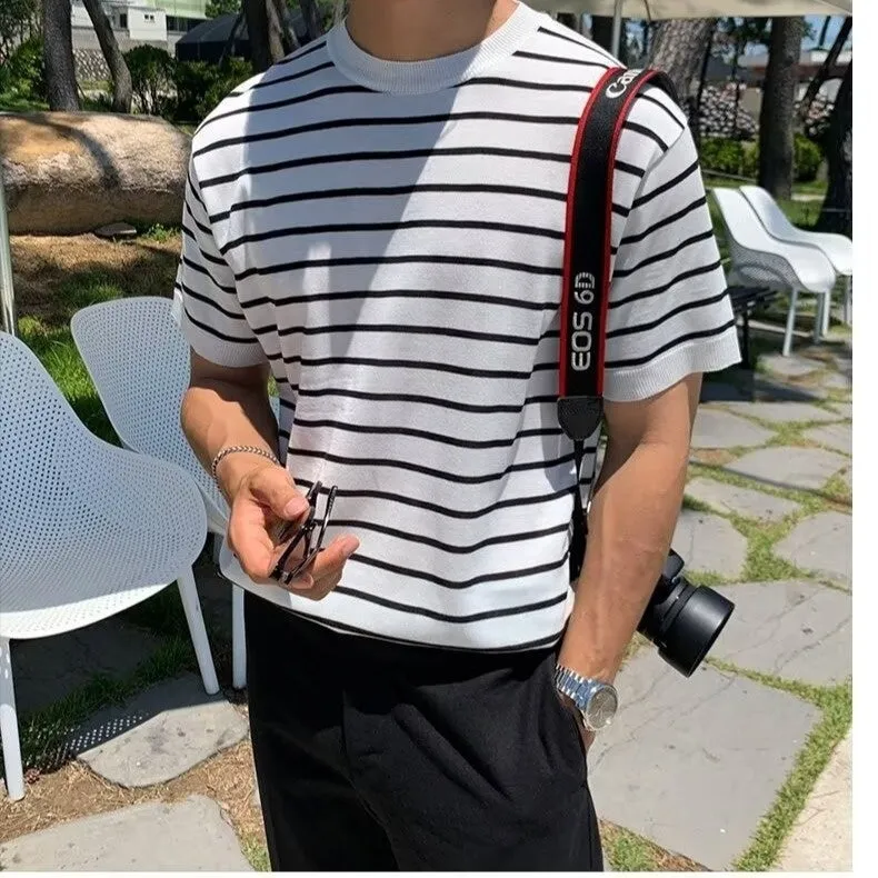 Half Sleeve Striped Short Sleeve Summer Casual Knitted Top