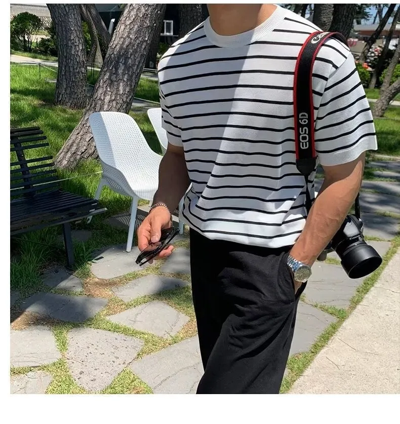 Half Sleeve Striped Short Sleeve Summer Casual Knitted Top