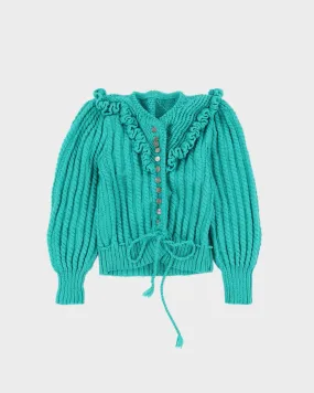 Hand-Knitted Green Drawstring Waist Cardigan - XS
