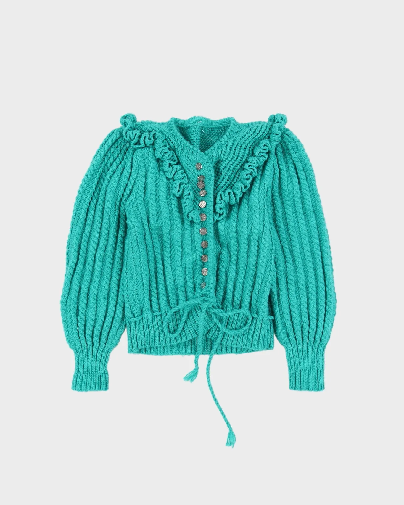 Hand-Knitted Green Drawstring Waist Cardigan - XS