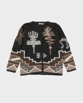 Hand Knitted Grey Patterned Alpaca Cardigan - S