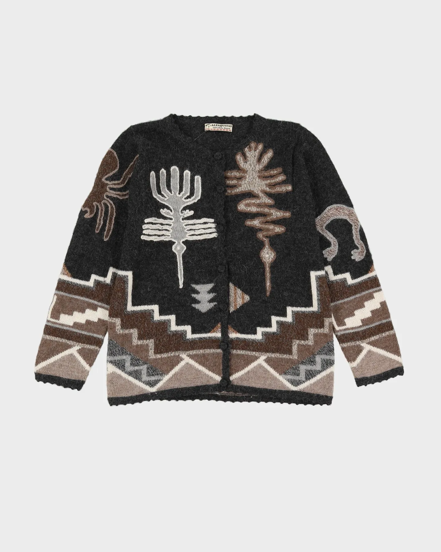 Hand Knitted Grey Patterned Alpaca Cardigan - S
