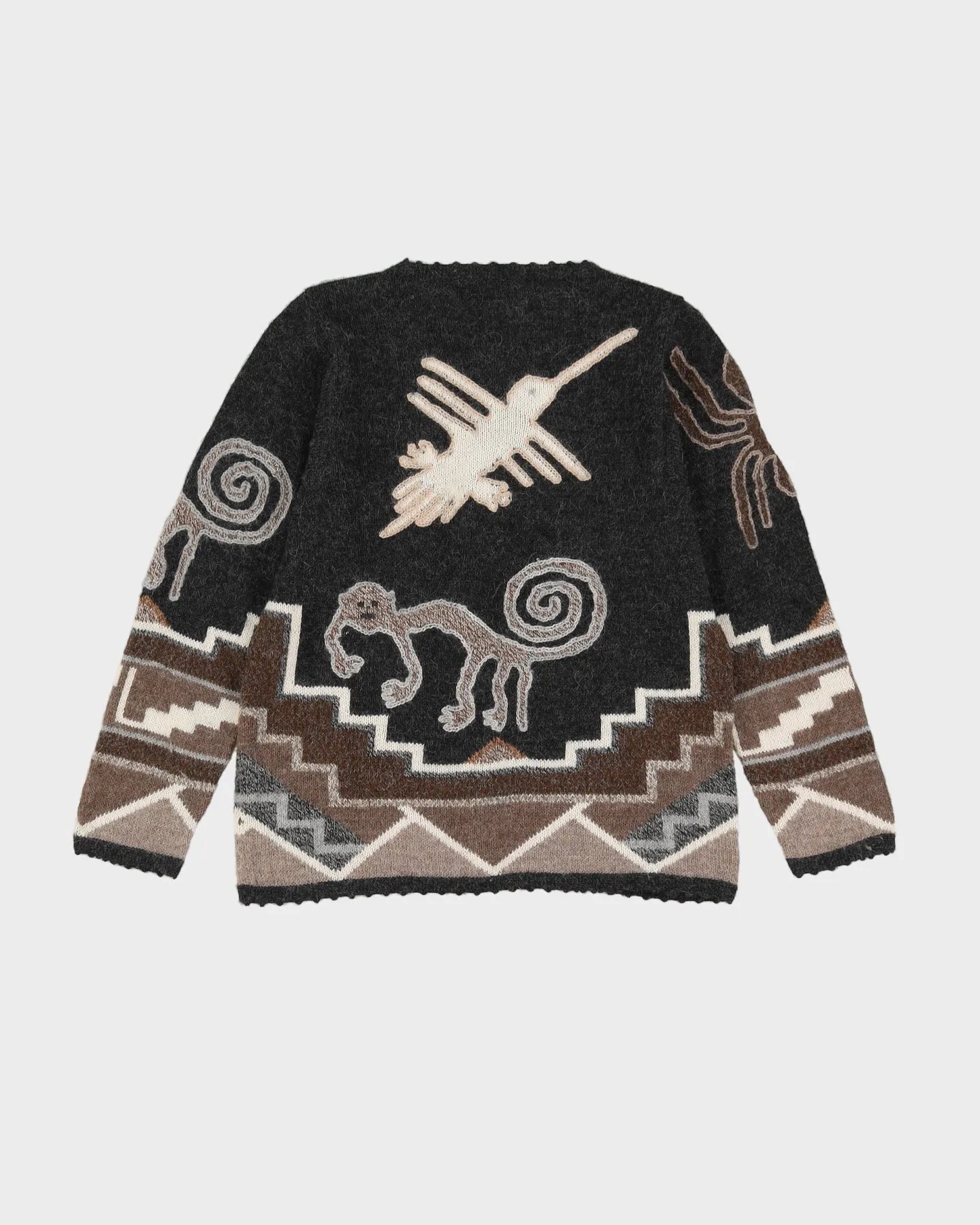 Hand Knitted Grey Patterned Alpaca Cardigan - S