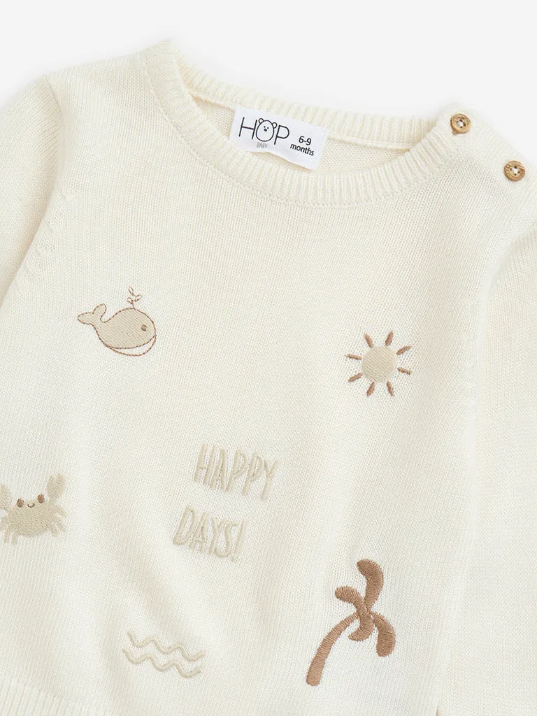HOP Baby Off-White Ribbed Textured Cotton Sweater