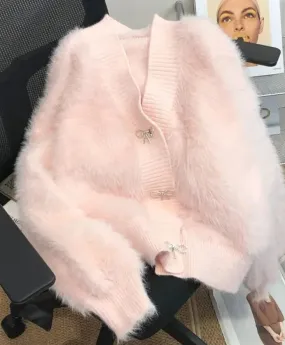 Imitation Mink Bow Soft Cardigan