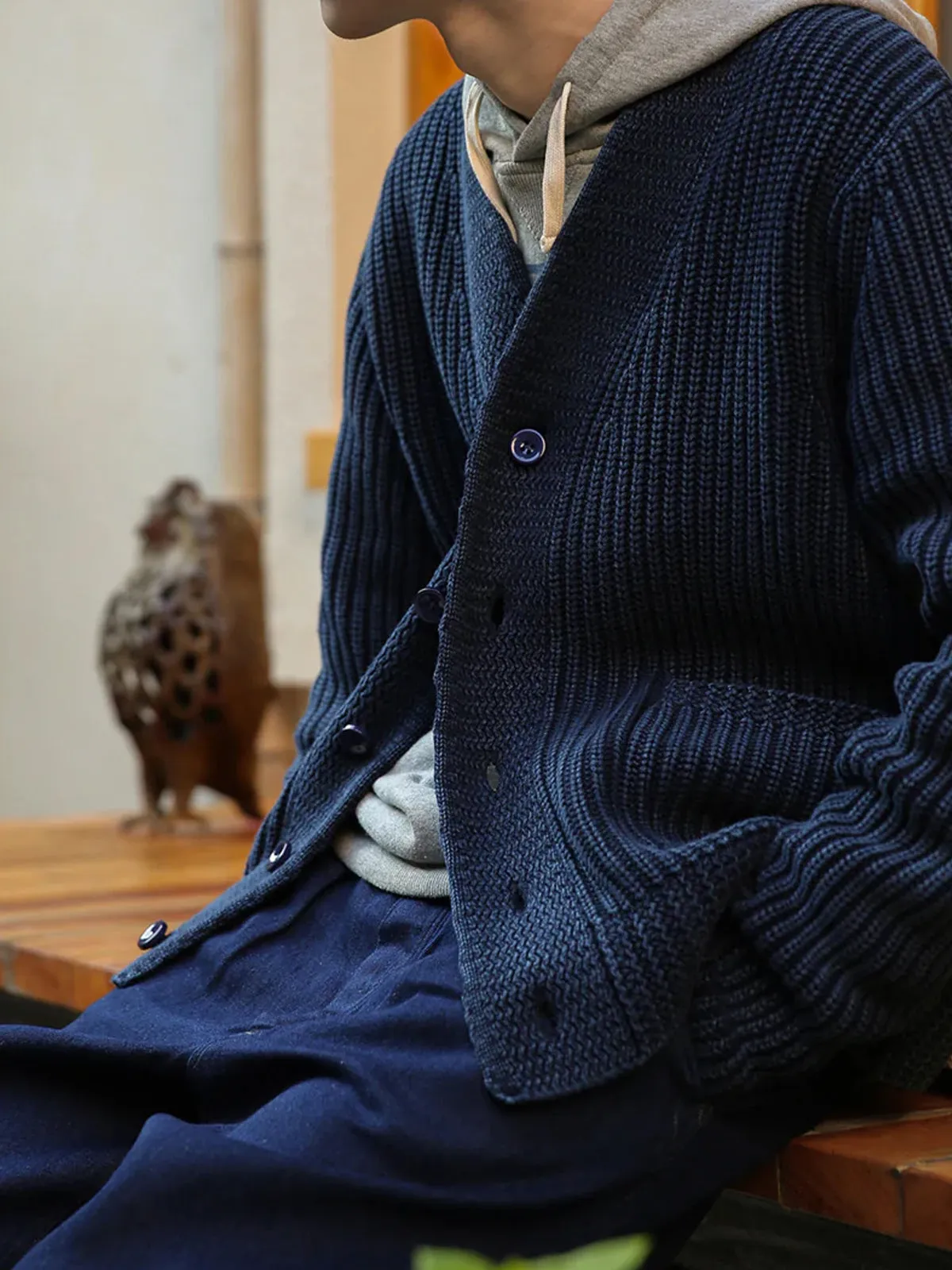 Indigo-Dyed V-Neck Cotton Knitted Cardigan