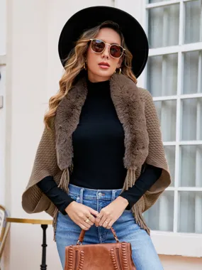 Ivy Women's Fur Collar Knitted Tassel Cape Cardigan