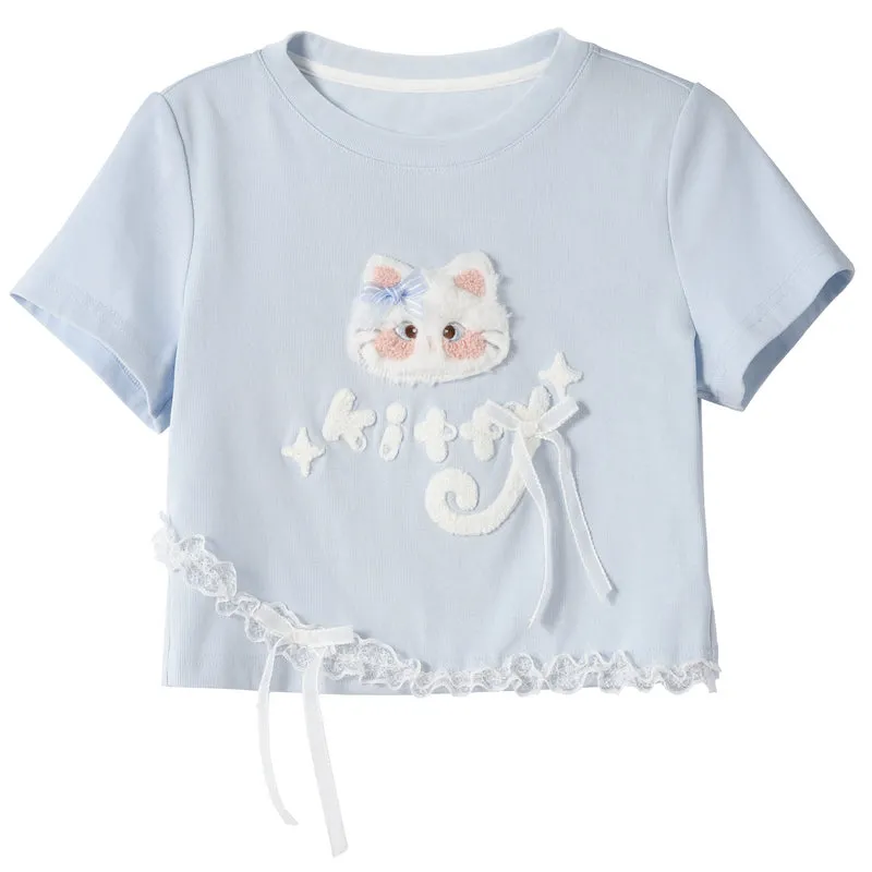 Kawaii Blue Cartoon Cat Embroidery Short Sleeve T-shirt
