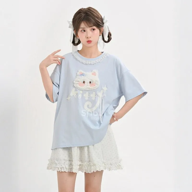Kawaii Blue Cartoon Cat Embroidery Short Sleeve T-shirt