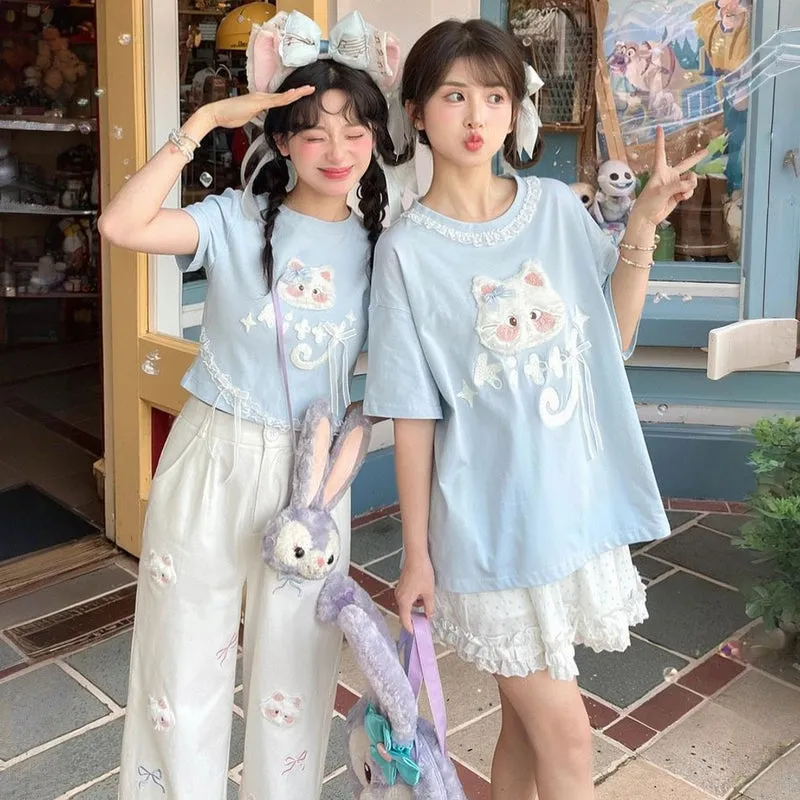 Kawaii Blue Cartoon Cat Embroidery Short Sleeve T-shirt