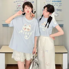 Kawaii Blue Cartoon Cat Embroidery Short Sleeve T-shirt