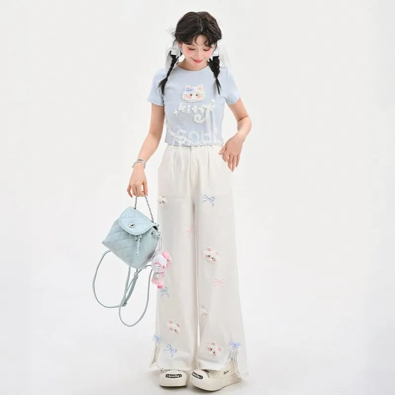 Kawaii Blue Cartoon Cat Embroidery Short Sleeve T-shirt