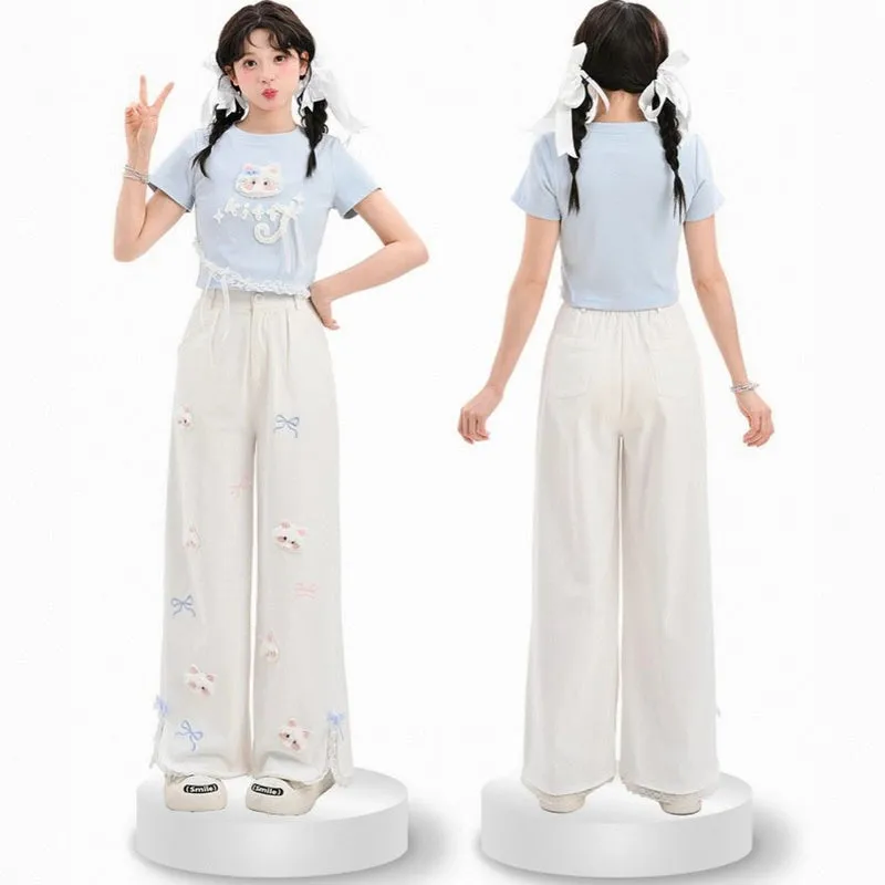 Kawaii Blue Cartoon Cat Embroidery Short Sleeve T-shirt