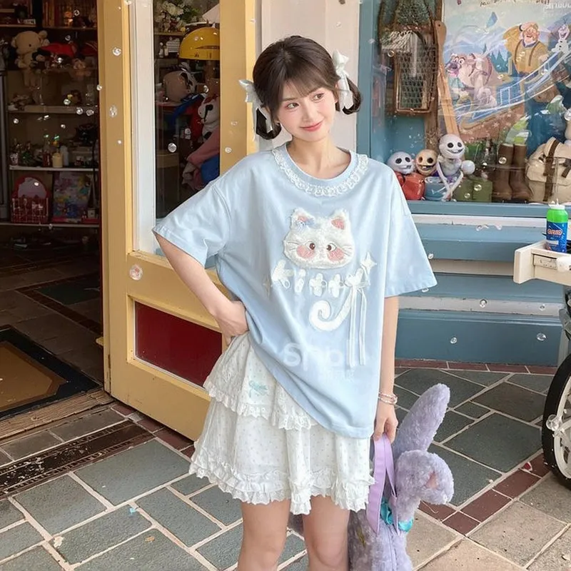 Kawaii Blue Cartoon Cat Embroidery Short Sleeve T-shirt