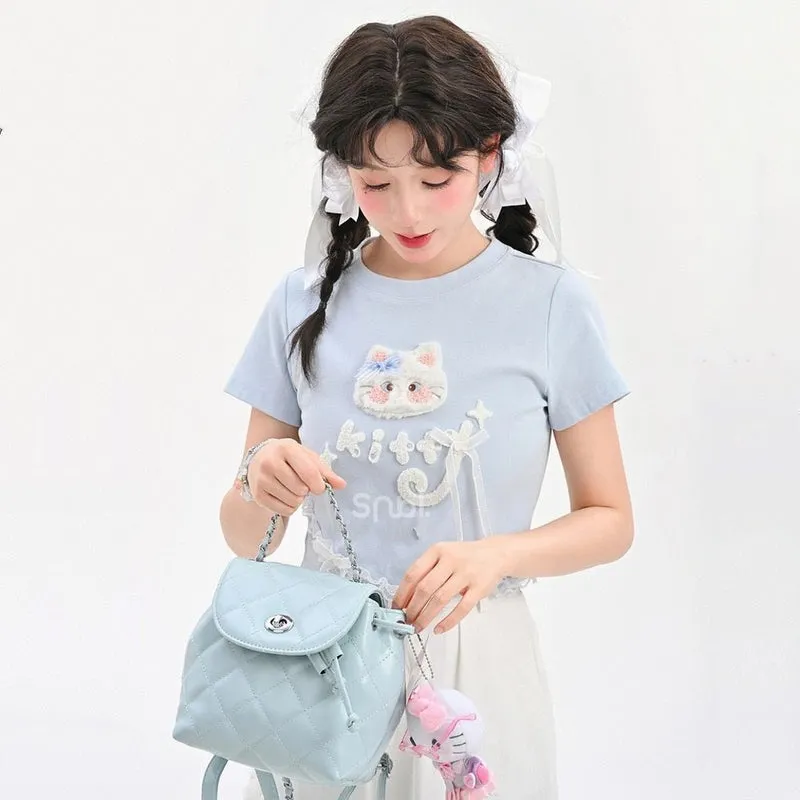 Kawaii Blue Cartoon Cat Embroidery Short Sleeve T-shirt