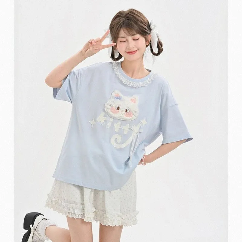 Kawaii Blue Cartoon Cat Embroidery Short Sleeve T-shirt