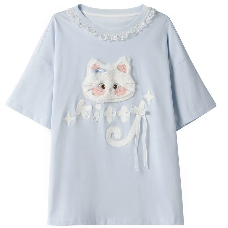Kawaii Blue Cartoon Cat Embroidery Short Sleeve T-shirt