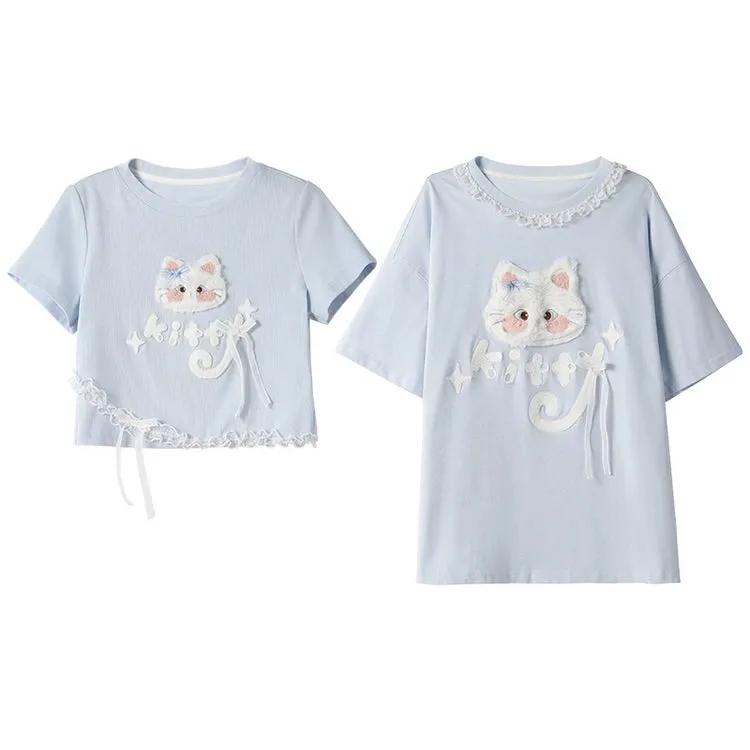 Kawaii Blue Cartoon Cat Embroidery Short Sleeve T-shirt