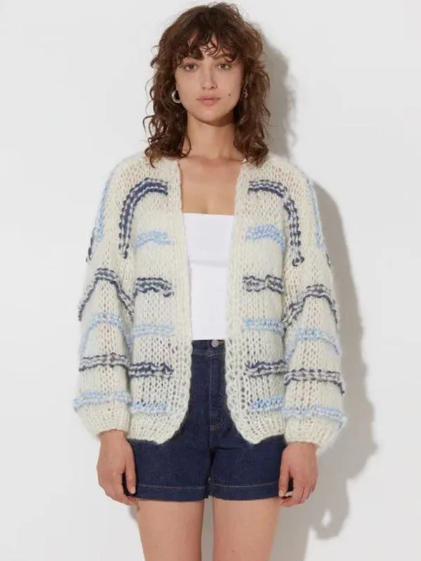 Kerri Designed To Be Niche, Loose, Fashionable And Versatile, Contrast Striped Lazy Style Knitted Cardigan