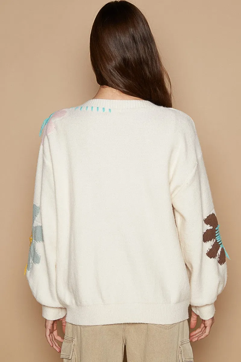 Long Sleeve Flower Fringe Sweater