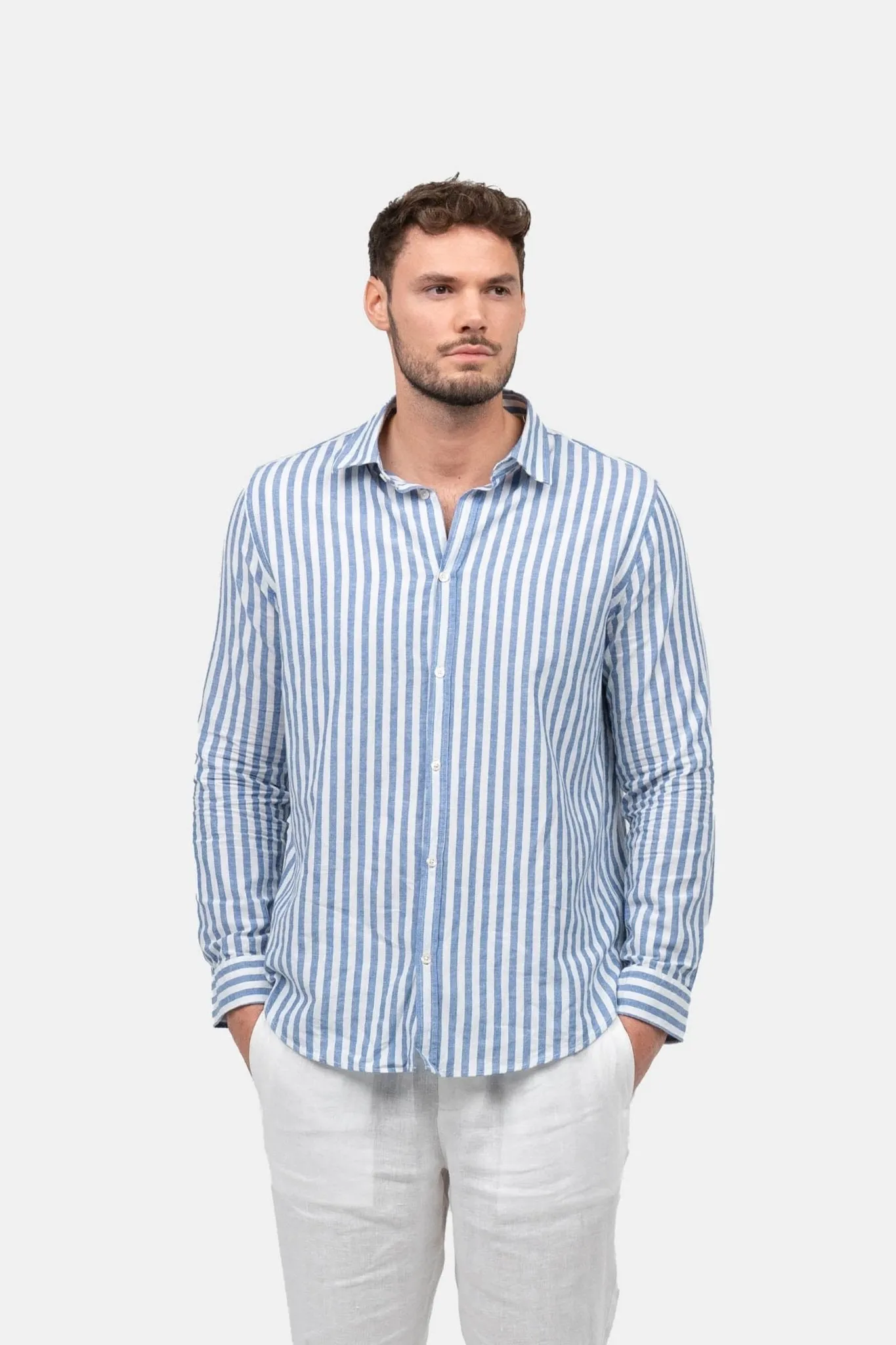Long Sleeve Linen Shirt Blue Striped
