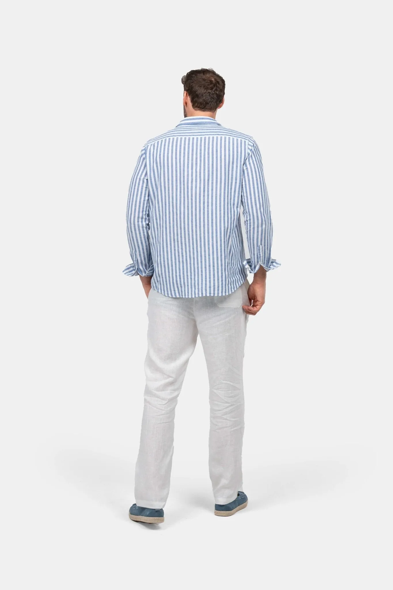 Long Sleeve Linen Shirt Blue Striped