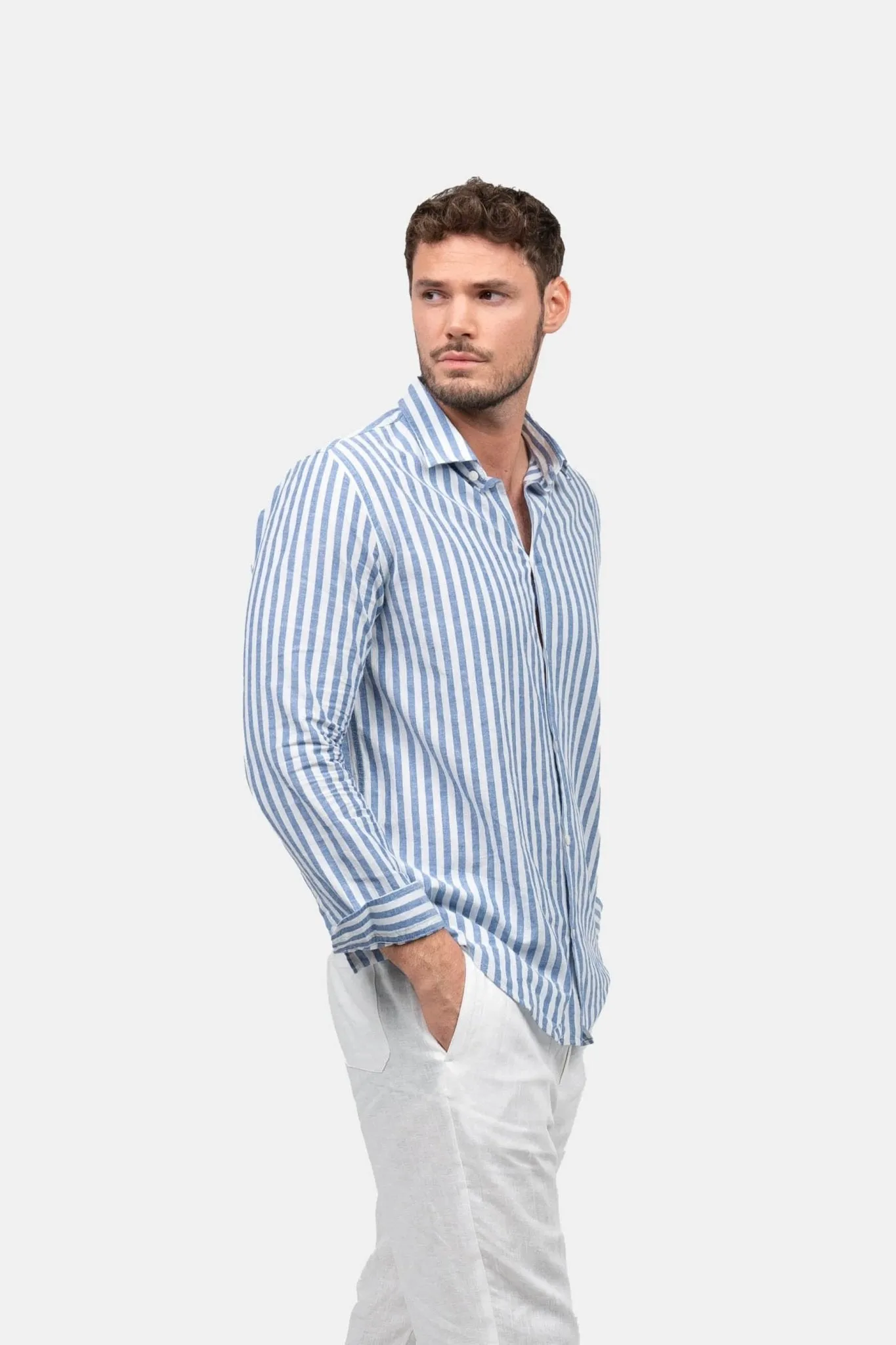 Long Sleeve Linen Shirt Blue Striped