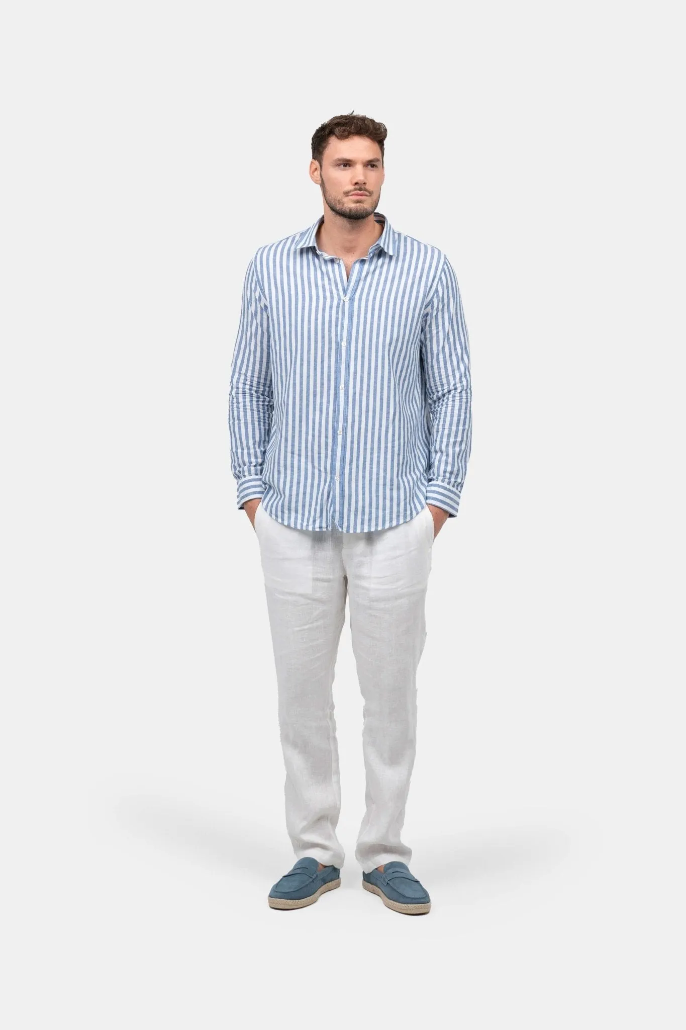 Long Sleeve Linen Shirt Blue Striped