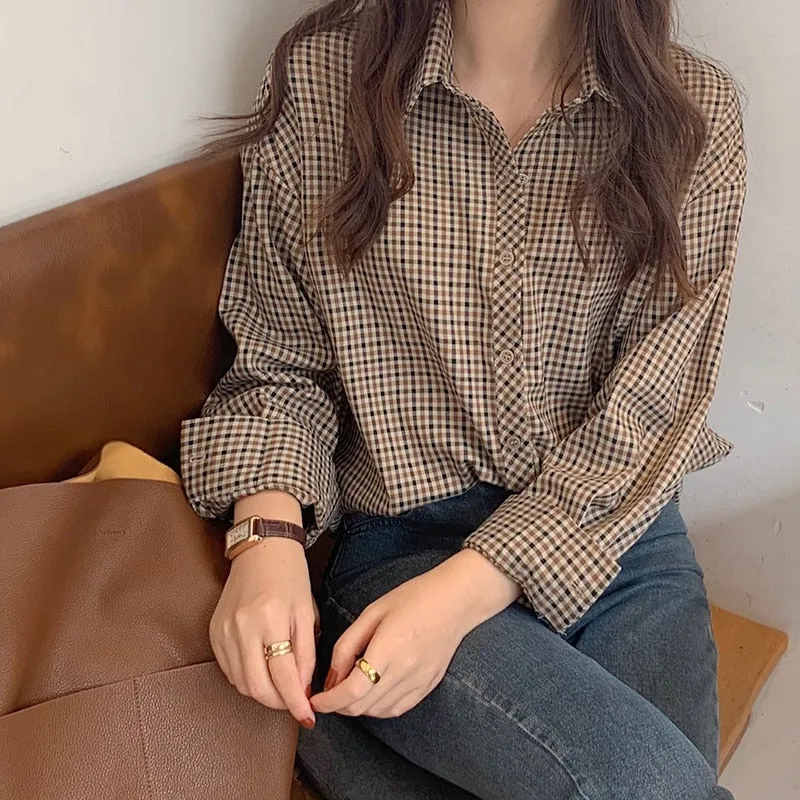 Loose Long Sleeve Retro Plaid Loose Shirt