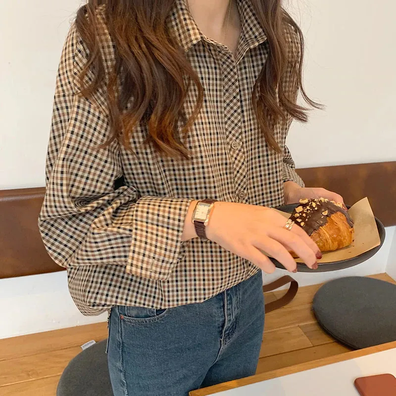 Loose Long Sleeve Retro Plaid Loose Shirt