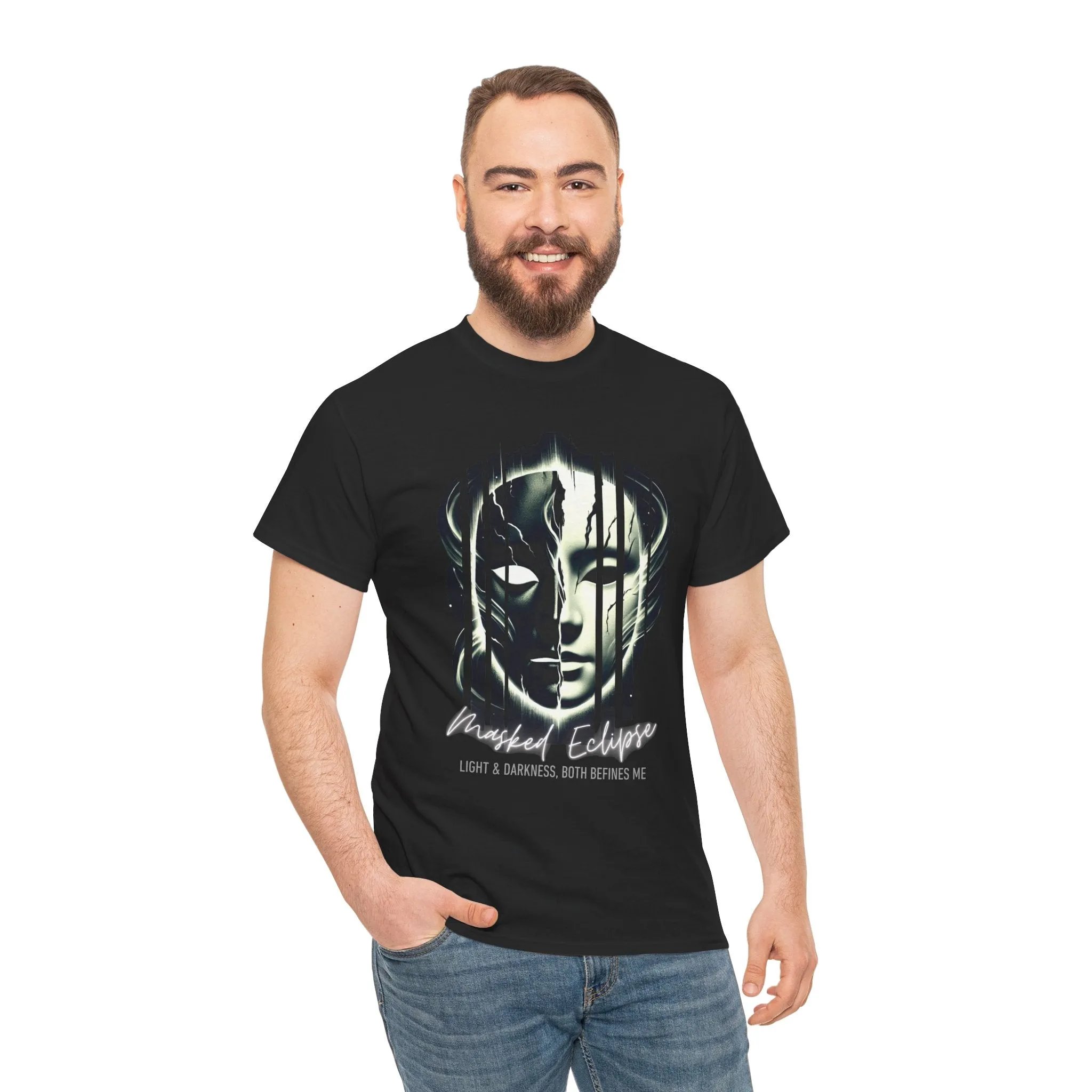 Masked Eclipse Unisex Heavy Cotton Tee - Mysterious Graphic Shirt, Artistic Dark & Light T-Shirt for Men & Women, Gothic Aesthetic Casual Tee