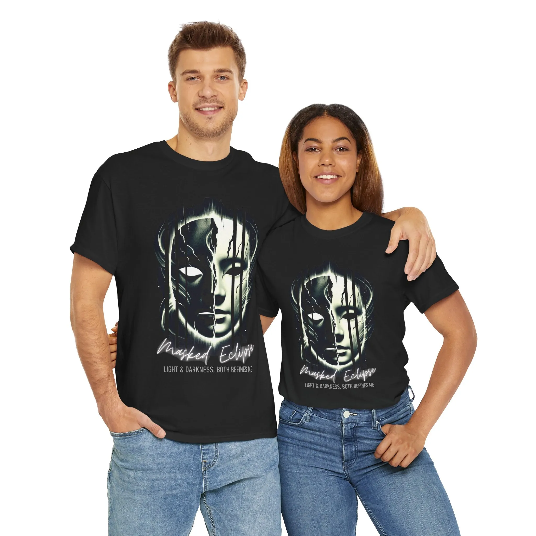Masked Eclipse Unisex Heavy Cotton Tee - Mysterious Graphic Shirt, Artistic Dark & Light T-Shirt for Men & Women, Gothic Aesthetic Casual Tee