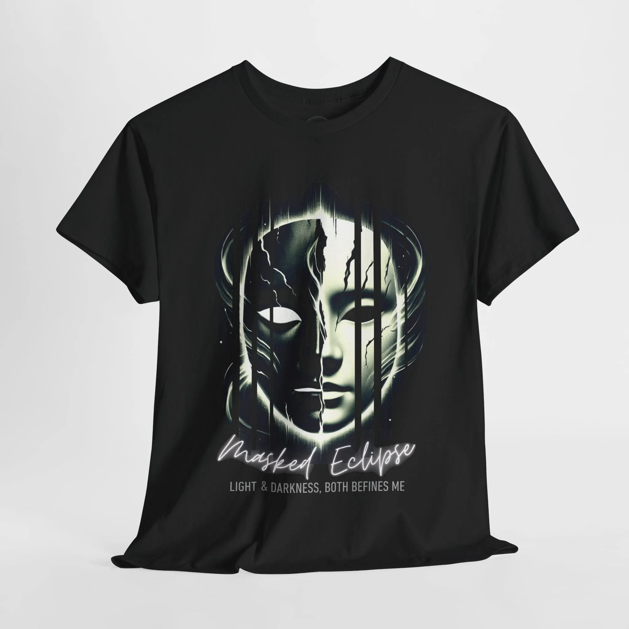 Masked Eclipse Unisex Heavy Cotton Tee - Mysterious Graphic Shirt, Artistic Dark & Light T-Shirt for Men & Women, Gothic Aesthetic Casual Tee