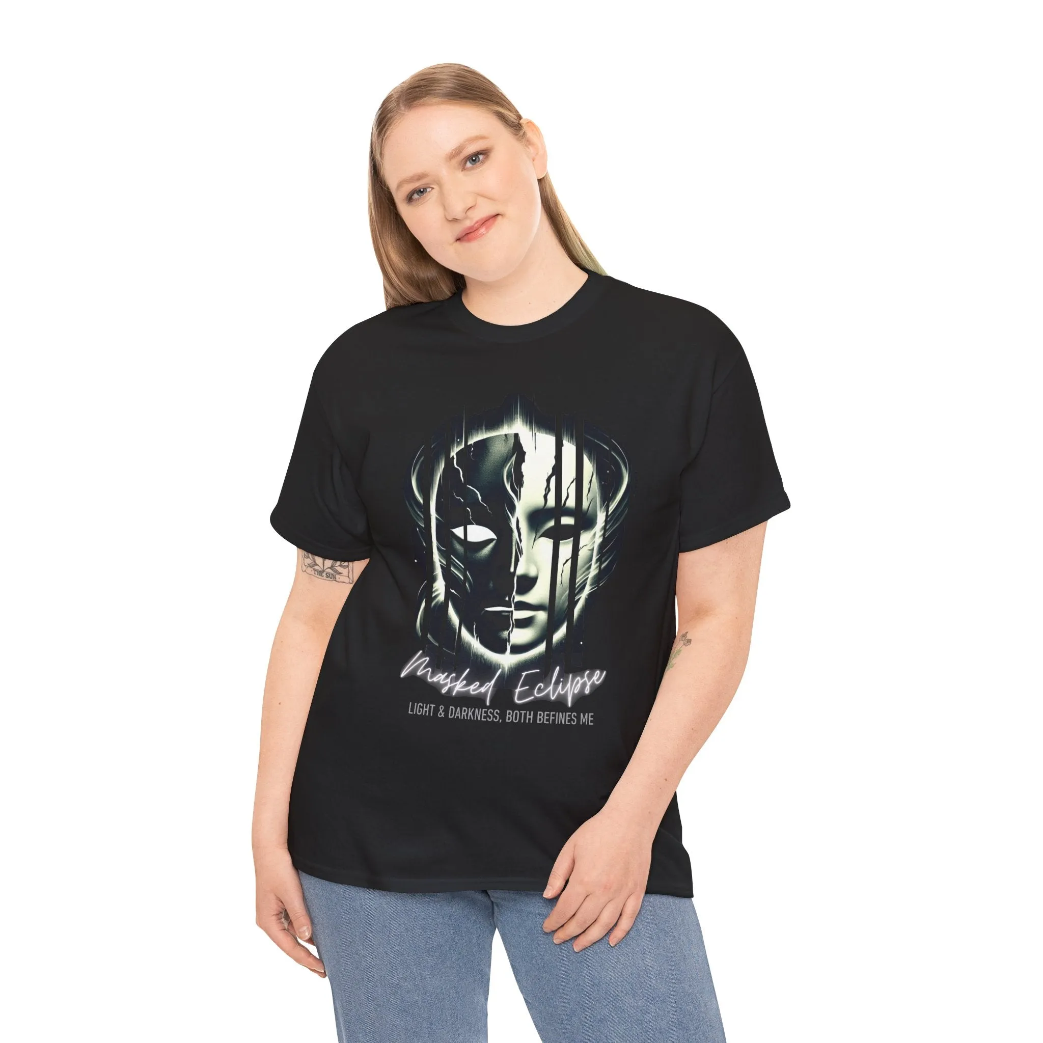 Masked Eclipse Unisex Heavy Cotton Tee - Mysterious Graphic Shirt, Artistic Dark & Light T-Shirt for Men & Women, Gothic Aesthetic Casual Tee