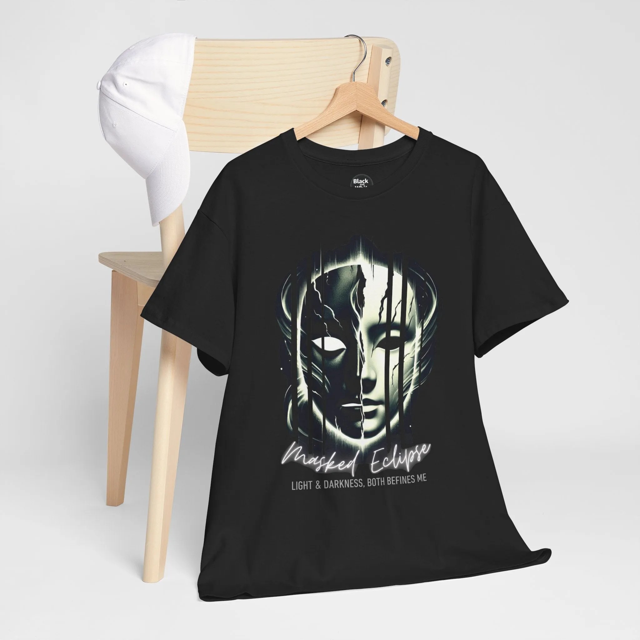 Masked Eclipse Unisex Heavy Cotton Tee - Mysterious Graphic Shirt, Artistic Dark & Light T-Shirt for Men & Women, Gothic Aesthetic Casual Tee