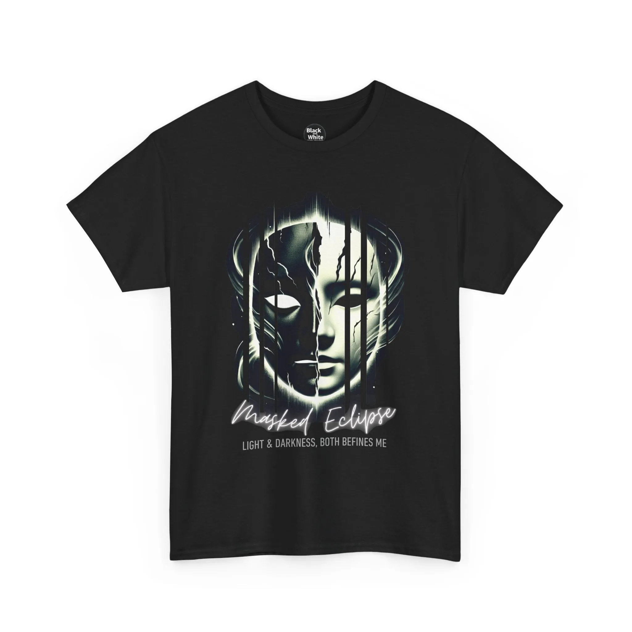 Masked Eclipse Unisex Heavy Cotton Tee - Mysterious Graphic Shirt, Artistic Dark & Light T-Shirt for Men & Women, Gothic Aesthetic Casual Tee