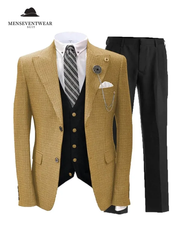 Men's 3 Pieces Slim Fit Houndstooth Peak Lapel Tuxedos (Blazer vest Pants)