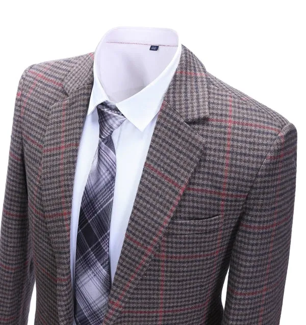 Men's Business 2 Pieces Formal Coffee Plaid Notch Lapel Tuxedos for Wedding(Blazer Pants)