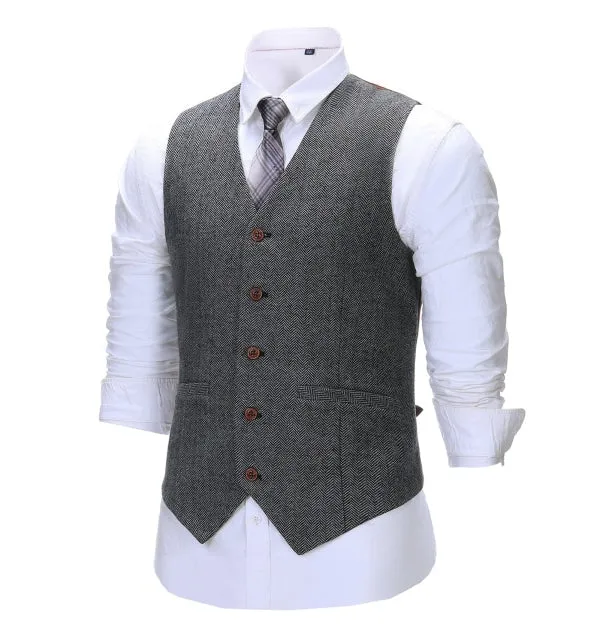 Men's Business 3 Pieces Formal Dark Grey Herringbone Notch Lapel Suit (Blazer vest Pants)